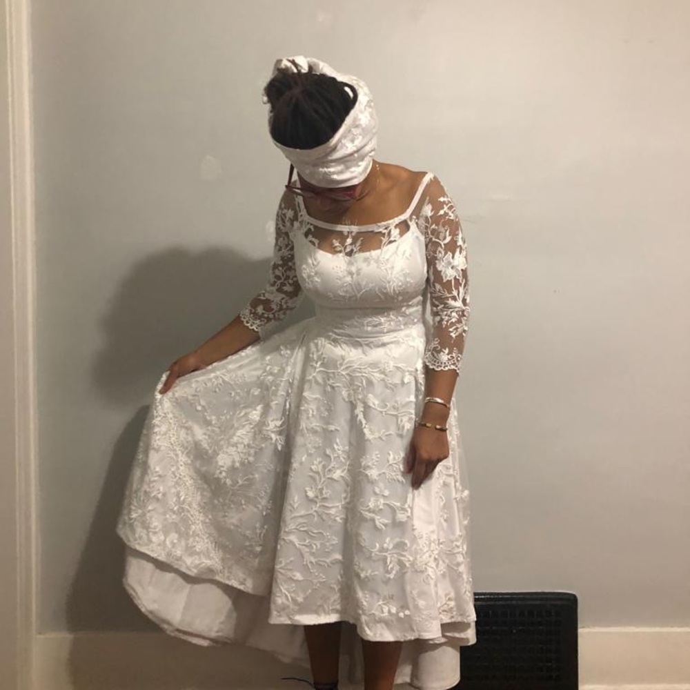 Custom satin/lace high-lo wedding dress